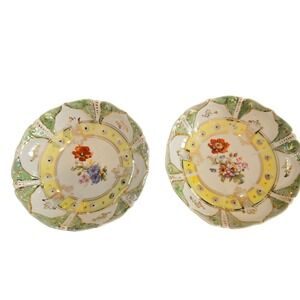 JPF Germany Antique Porcelain Floral Berry Bowls Set of 2 Scalloped Gold Gilt 5"